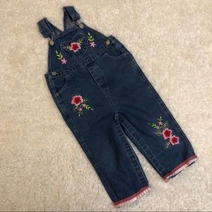 Girls floral embroidered jean overalls 24 months pink blue ankle ribbon trim
